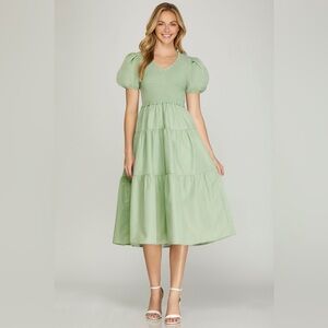NWT SHE + SKY Gloriana Midi Tiered Smocked Pastel Green Dress Sz L